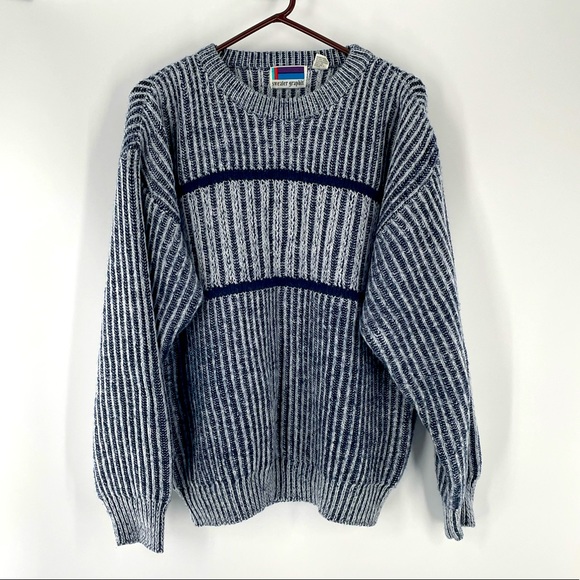 VTG Sweater Graphix Navy Light Blue Ribbed Knit 80s-90s Crewneck Grandpa… - Picture 2 of 13